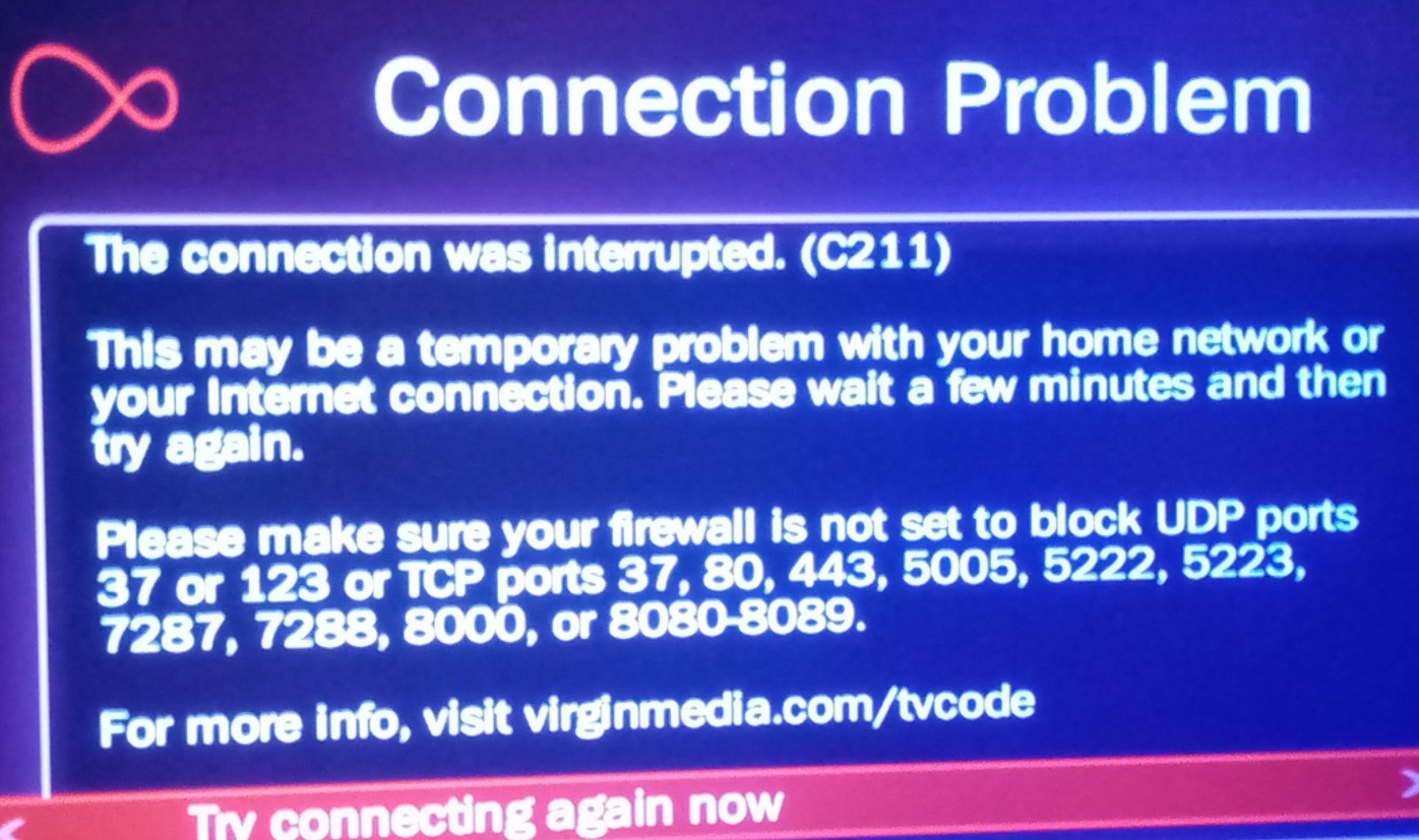Connection Was Interrupted C211 Virgin Media