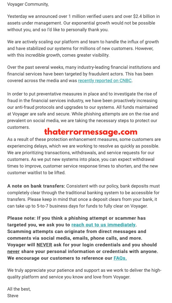 An Important Letter To Our Customers Voyager App