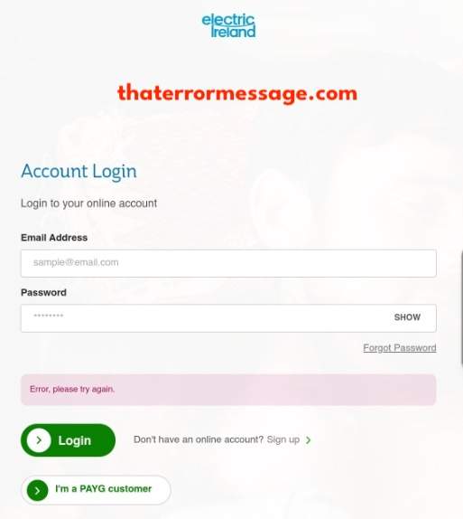 Error Please Try Again Electric Ireland