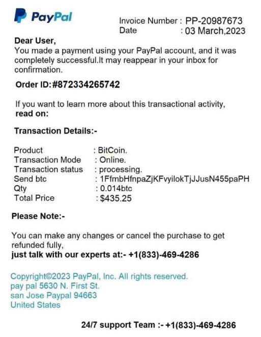 Paypal Bitcoin Scam Email 1