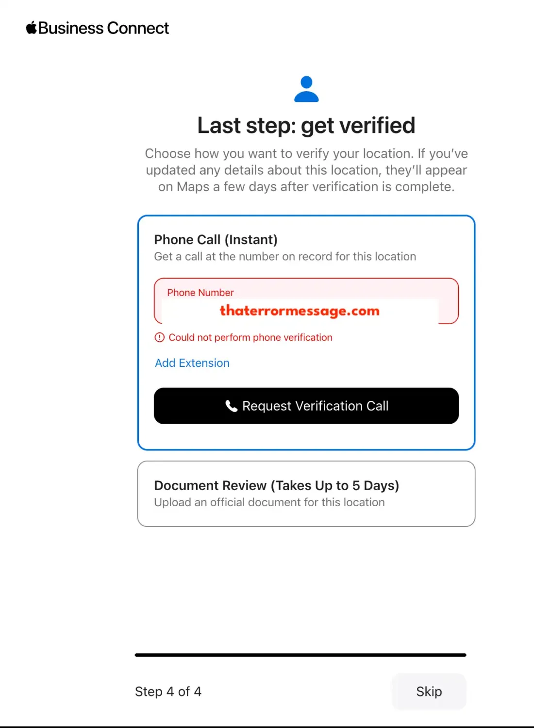 Apple Business Connect Could Not Perform Phone Verification