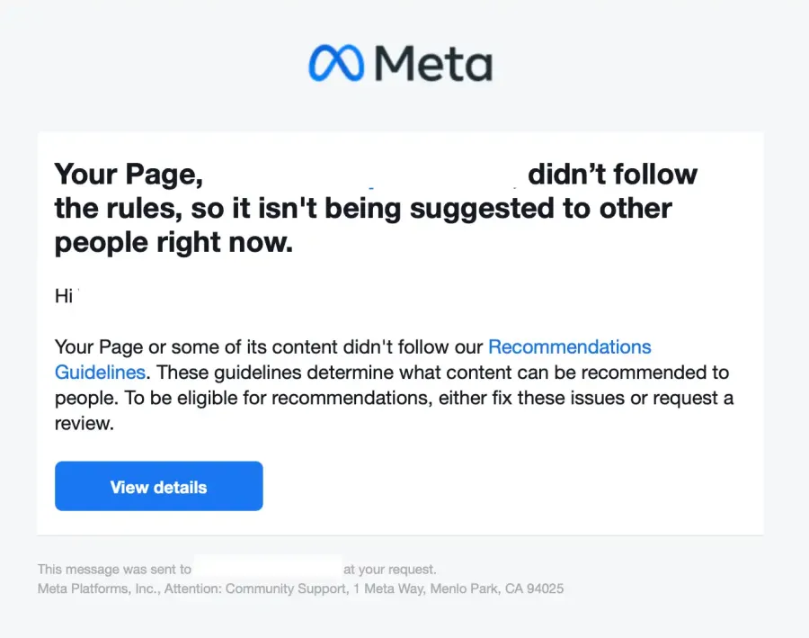 Meta Facebook Page Not Recommended