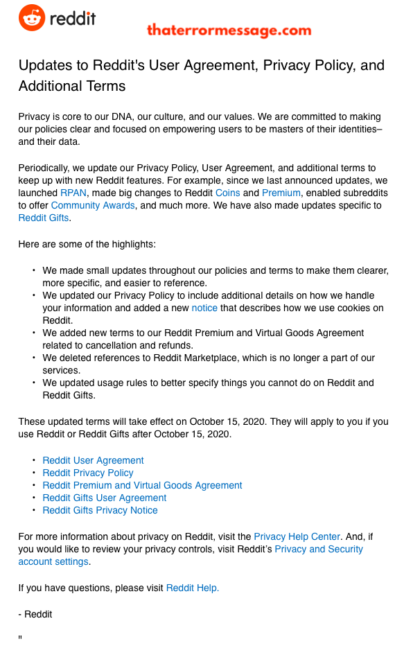 Update To Reddits User Agreemnet Privacy Policy And Additional Terms