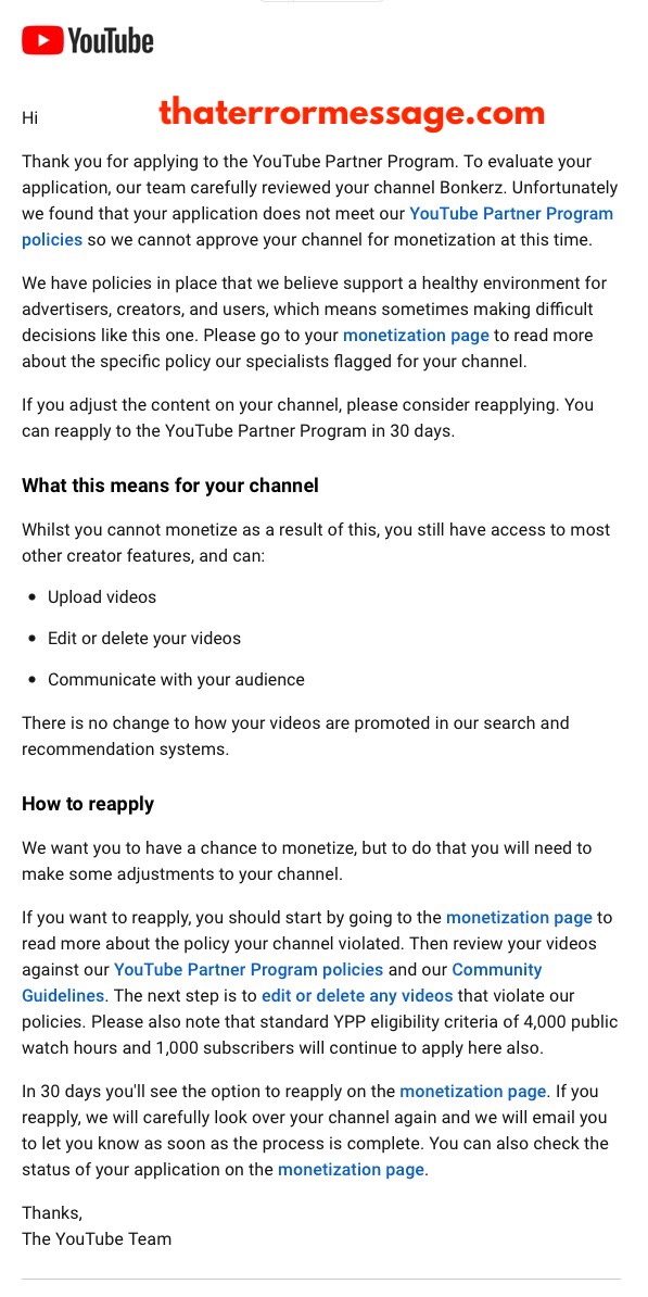 Youtube Your Channel Was Not Approved For Youtube Partner Program