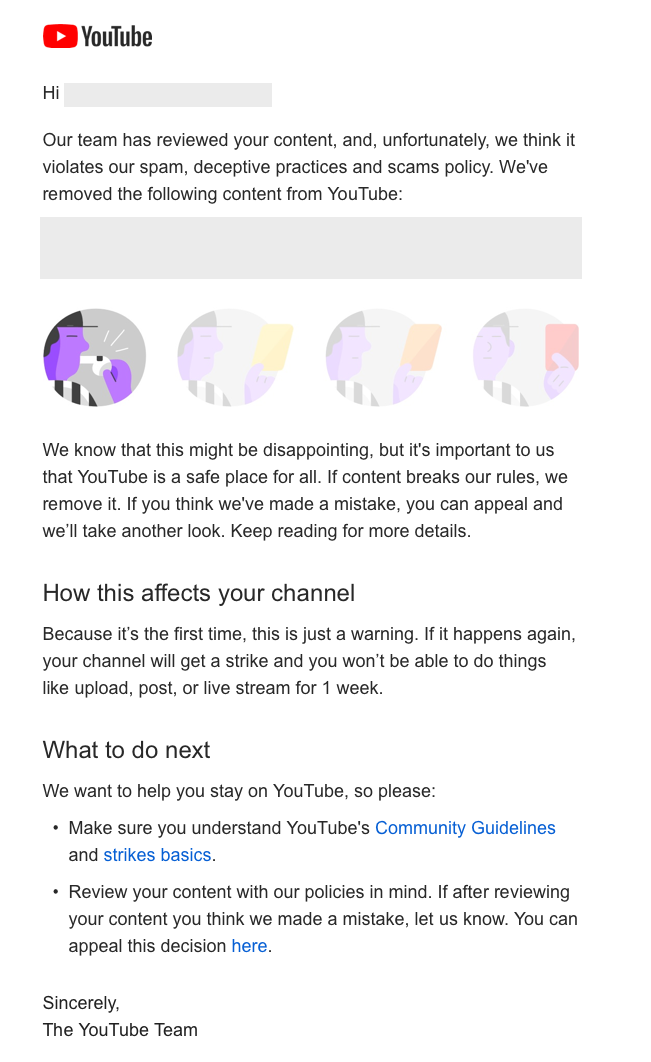 Your Content Violated Youtubes Community Guidelines And Has Been Removed
